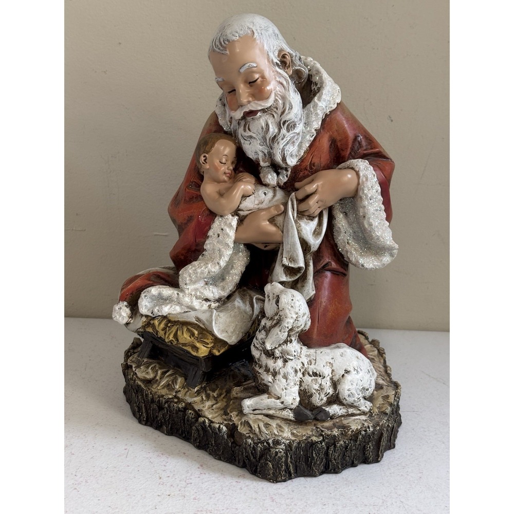 JOSEPH'S STUDIO Kneeling Santa Holding Baby Jesus Bark Finish 11.5" Resin EUC